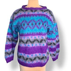 Vintage 90s Icelandic Design Mohair Wool Fair Isle Sweater Purple Blue Medium